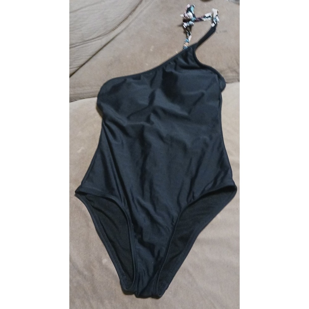 NEW Kona Sol Black Single Floral Strap Medium Coverage One Piece Swimsuit, Small